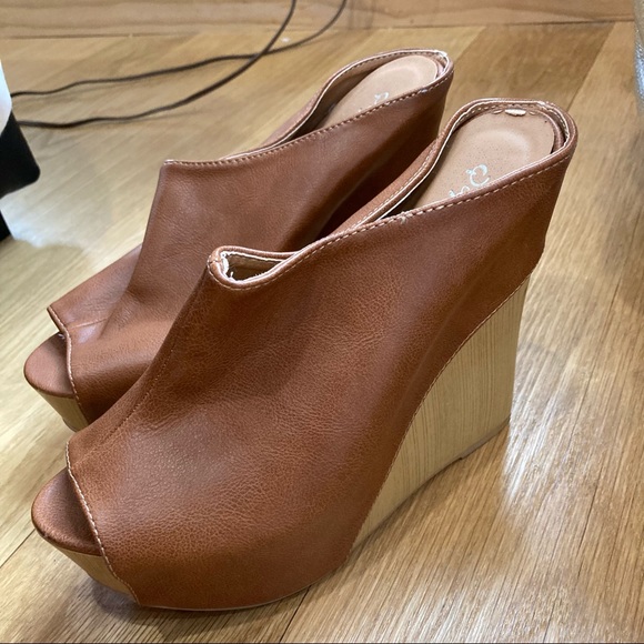 Qupid High Heels Mule Open Toe Brown Leather and Wood Chunky Platform - Picture 4 of 9